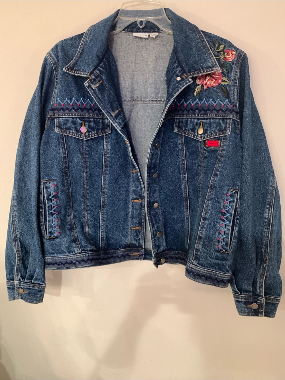 Together Dark Blue Embroidered Floral Bead Denim Jacket size L no flaws